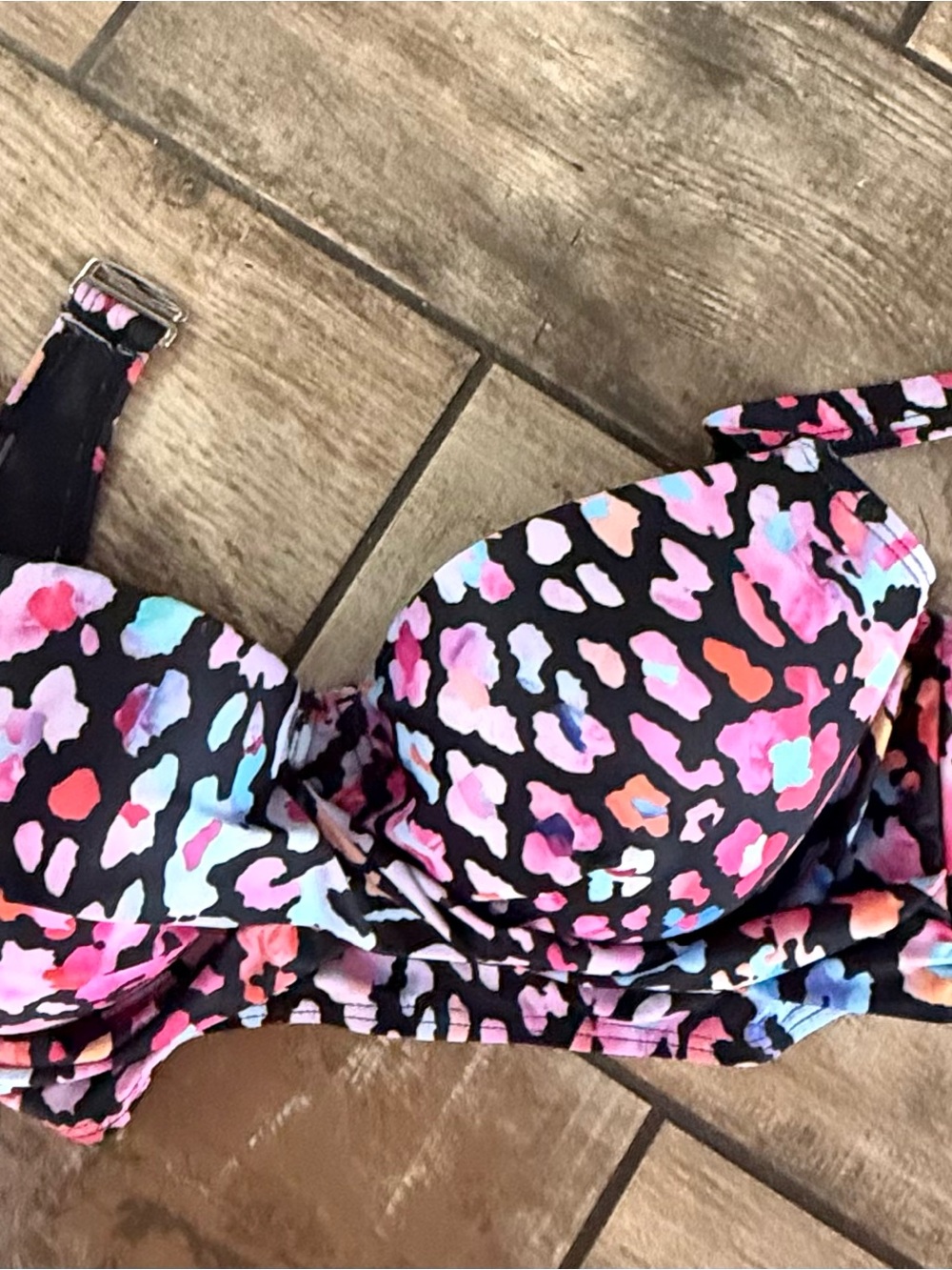 Printed Underwire Push Up Bikini Top - Black with Pink & Blue Accent